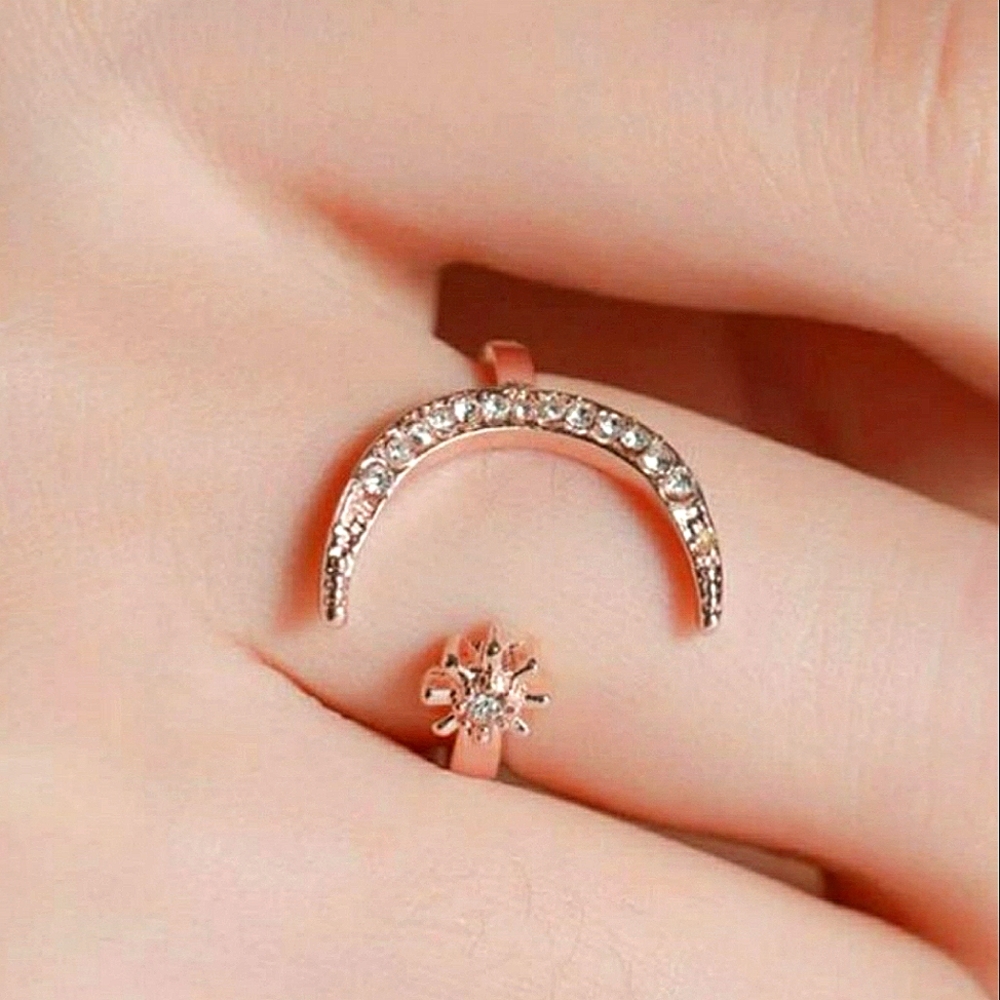 Rose Gold Rhinstone Moon and Star Cuff Ring
